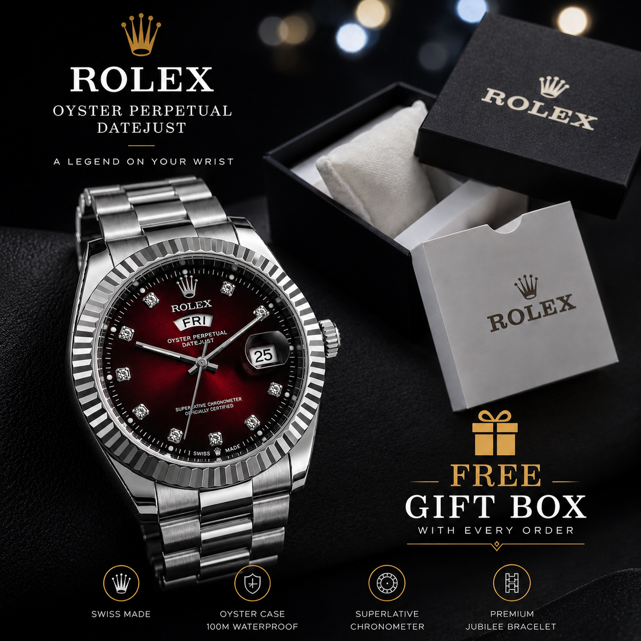Luxury Men's Stainless Steel Watch | Rolex Design Waterproof Quartz Analog Wrist Watch with Stylish Box | Elegant Chronograph Style Bracelet Chain with Date Display | Premium Business Casual Male Fashion Dress Timepiece | Gents Men Boys Anniversary Gift