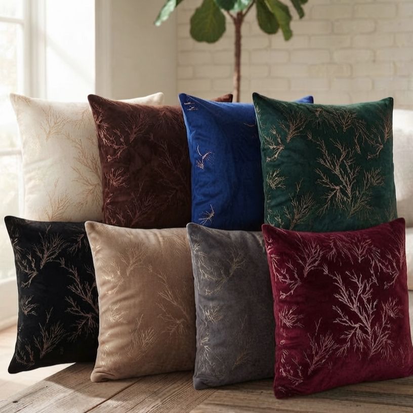 Velvet Elegance: Premium Golden Branch Foil Print Cushion Covers – Soft, Shiny & Sophisticated (16x16)