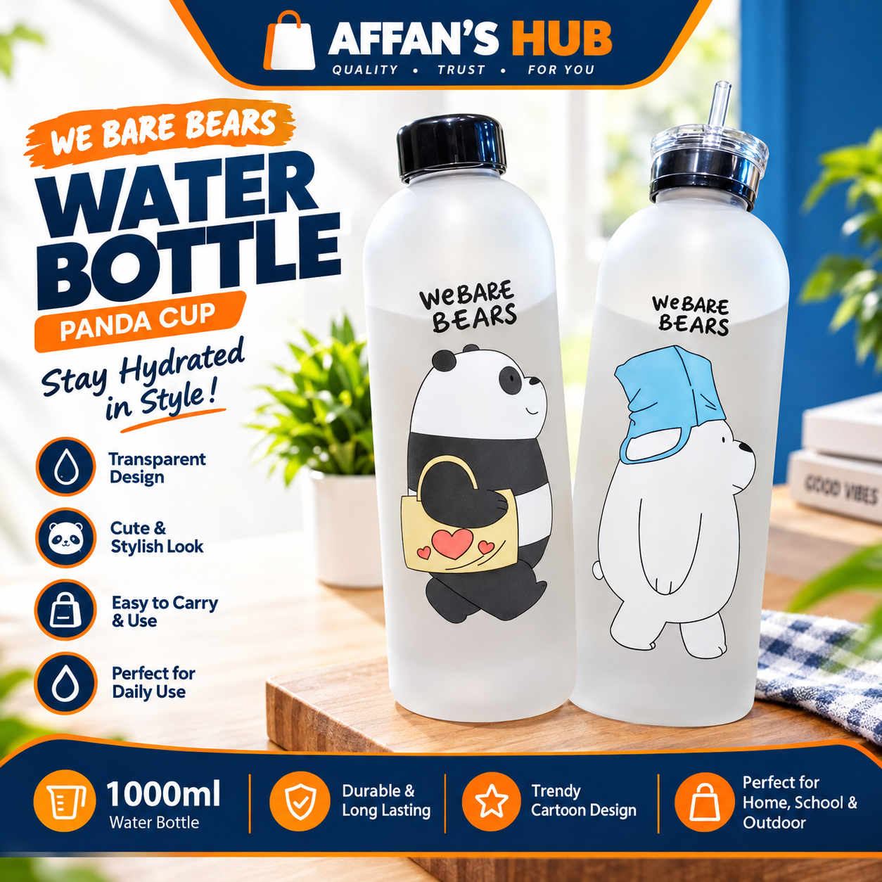 Affan's Hub - 1000ml Water Bottle Panda Cup Transparent Water Bottles Drinkware Cup Leak-proof Premium Quality Water Bottle for Hot & Cold Water, Vacuum Flask for School Kids, Boys and Girls Design By