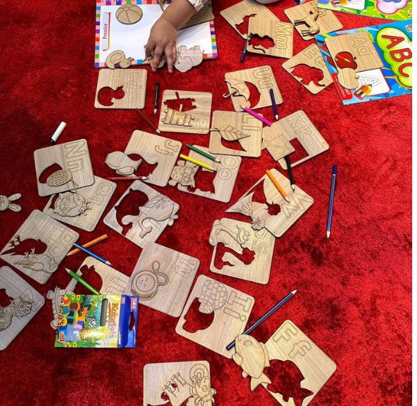 Kids Wooden Drawing Stencils English/Urdu/Mathematics Alphabets Learning Puzzle Toys (A to Z complete)