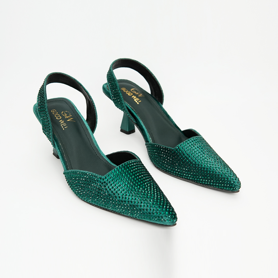 Trending High heel sandals women's shoes green rhinestone wedding toe mules