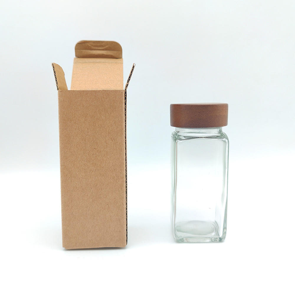 Wooden Lid Seasoning Bottle Airtight Bbq Glass Square Jar 120Ml Seasoning Jar For Kitchen