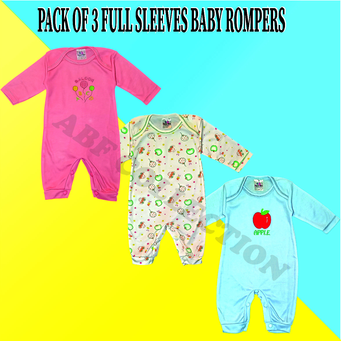 Pack Of 3 Baby Rompers - Newborn Baby Inner Full Sleeves Suit - Newborn Baby Body Suits - Size 0-3 Months - Multicolor