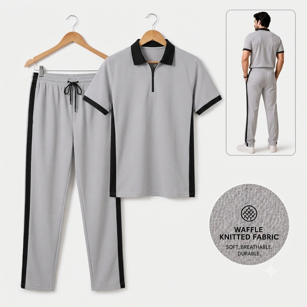 Men's Waffle Knit Tracksuit - Short Sleeve Quarter Zip Polo T-Shirt & Joggers Set - Summer Casual Two Piece Suit