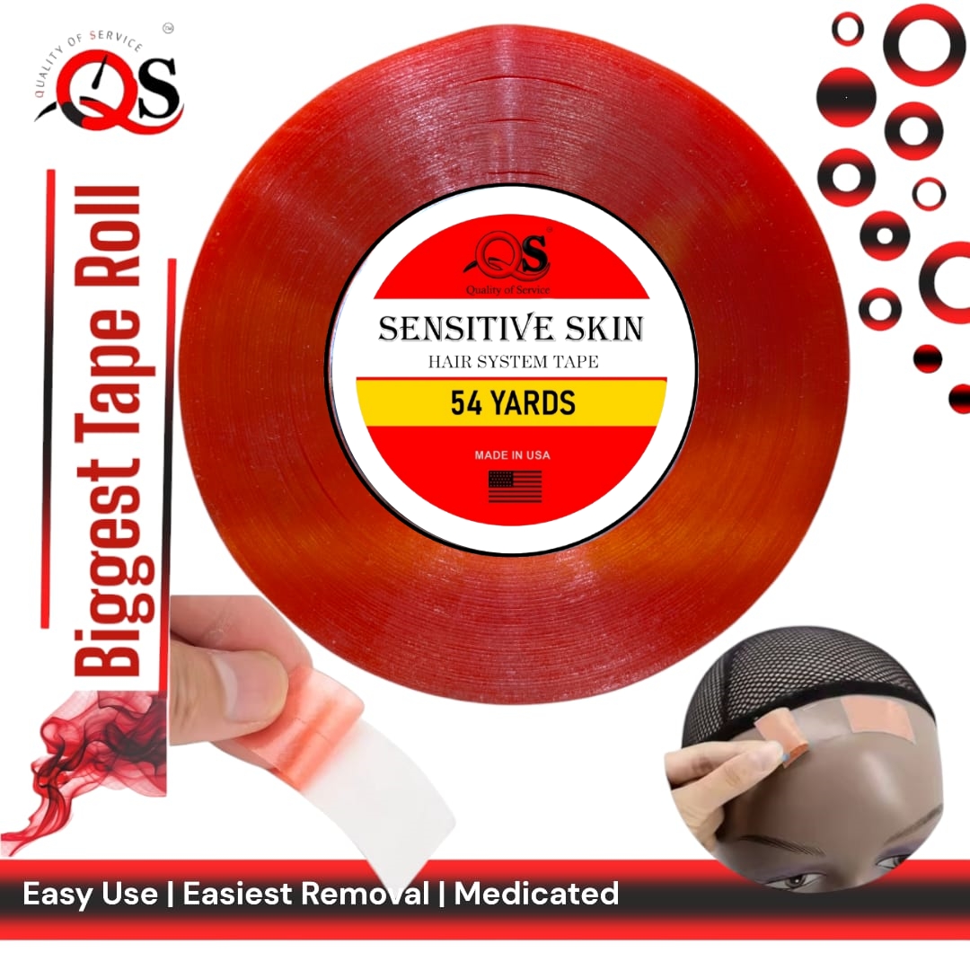 QS Easy Removable Double-Sided Invisible Wig Tape, Red Tape Roll for Lace Wigs & Toupees, Clear Wig Tape for Women and Men, Unnoticeable Lace Front Tape for Hairpieces & Hair System