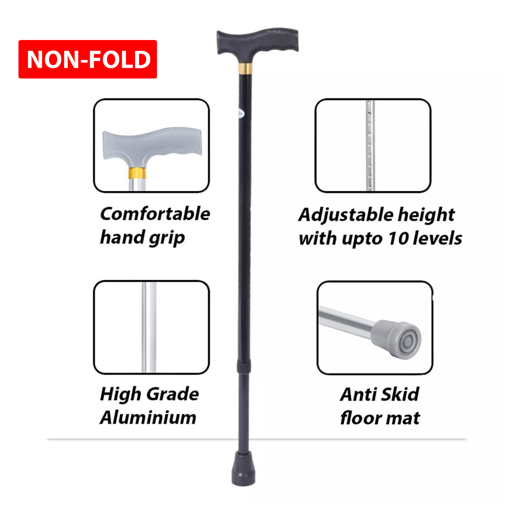 Adjustable Lightweight Aluminum Trekking Cane, Foldable Offset Walking Stick with Ergonomic Handle for Hiking and Outdoor Recreation - Black