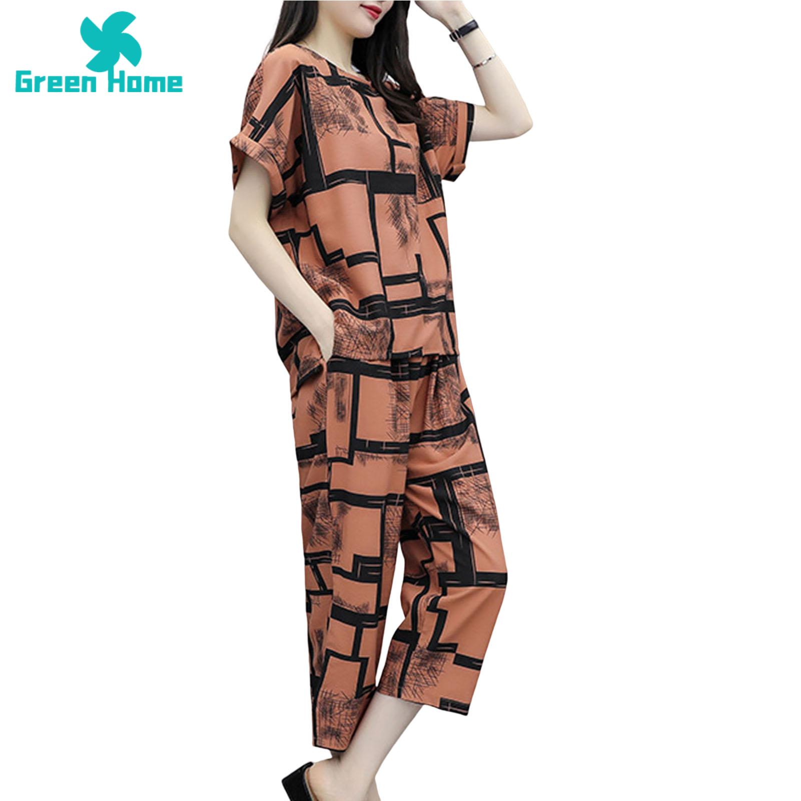 Green Home Casual Pants Exquisite Pattern Women Trousers Suit Summer Blouse  Set