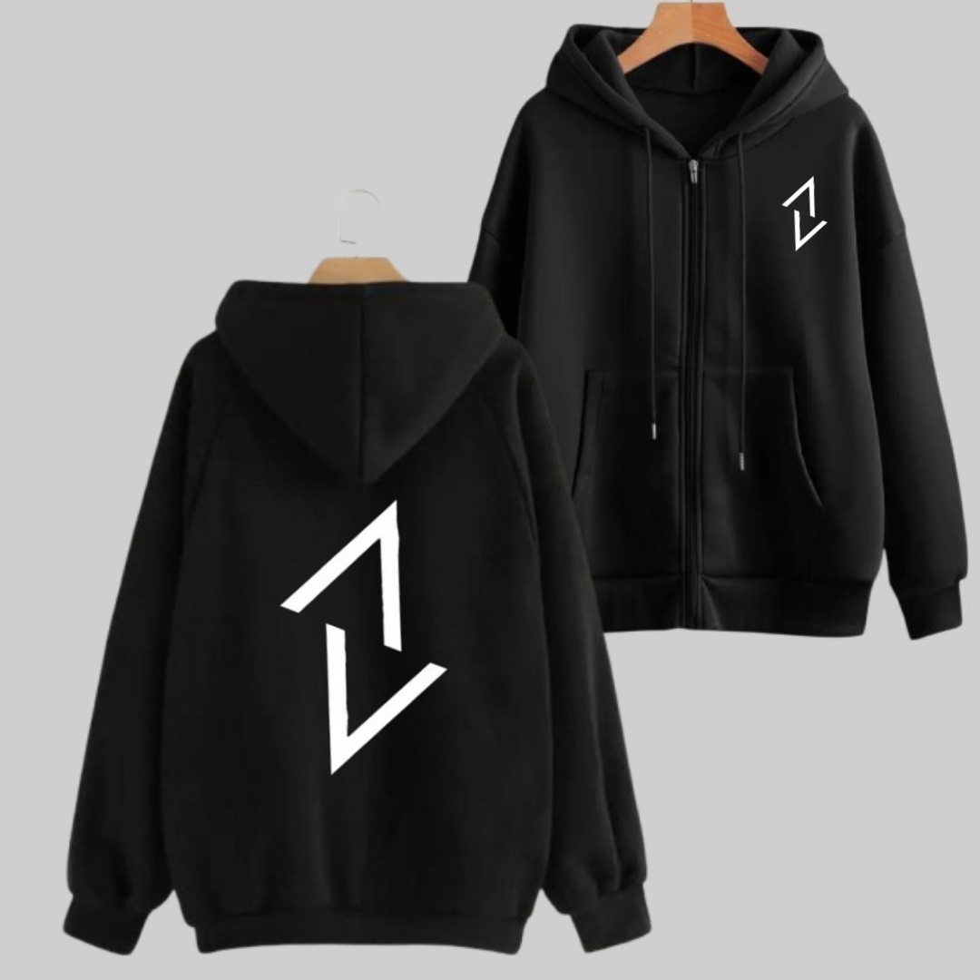 REVIBE - Black Trendy Zipper Printed Hoodies For Men