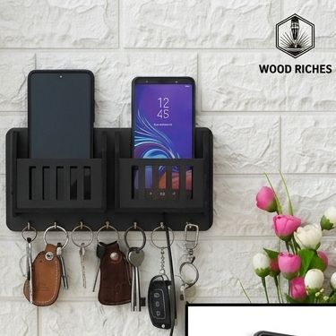 wooden wall keychain mobile phone charging  stand and keychain holder key holder for wall key rack organizer and mobile stand