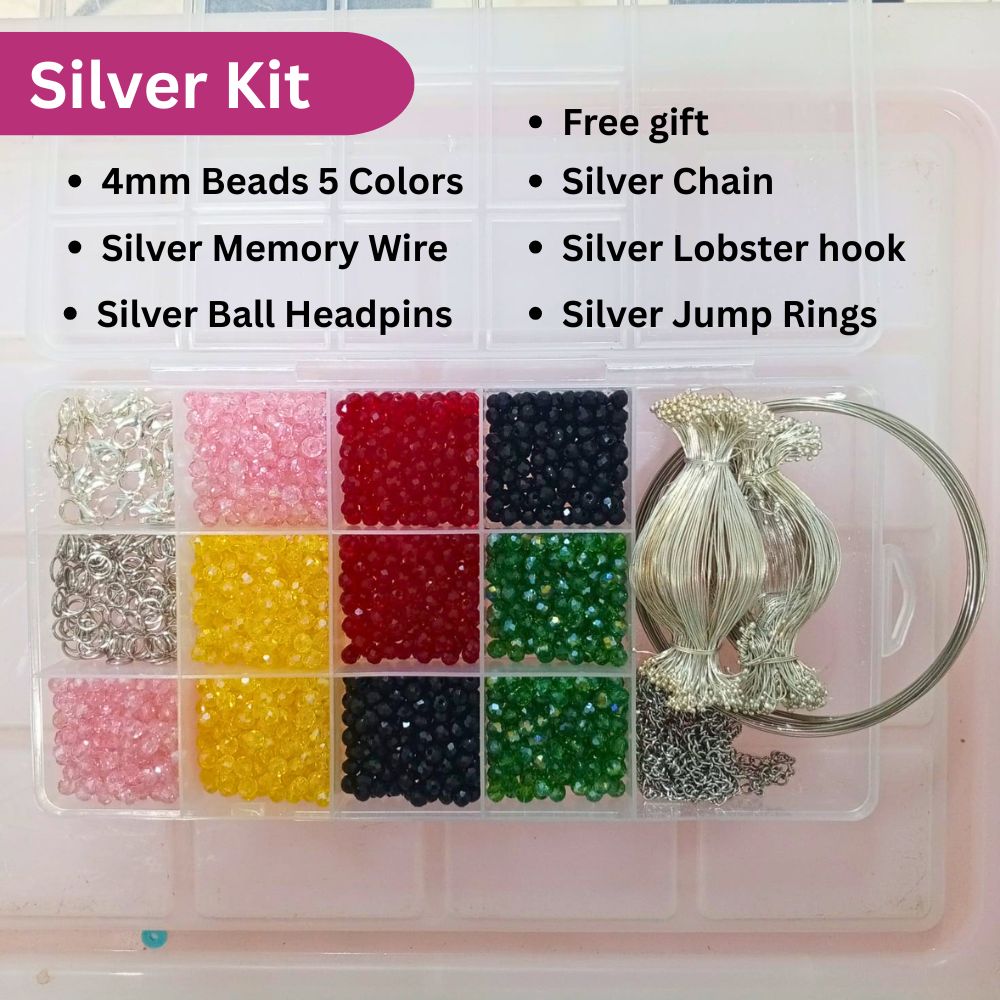 Complete DIY Bracelet Gajra & Jewellery Making Kit for Girls 4mm Crystal Beads + Memory Wire + Golden Beading Wire + Jump Rings & Lobster Clasps Bracelet Gajra & Jewellery Accessories Set With Big Box By Flex Cart