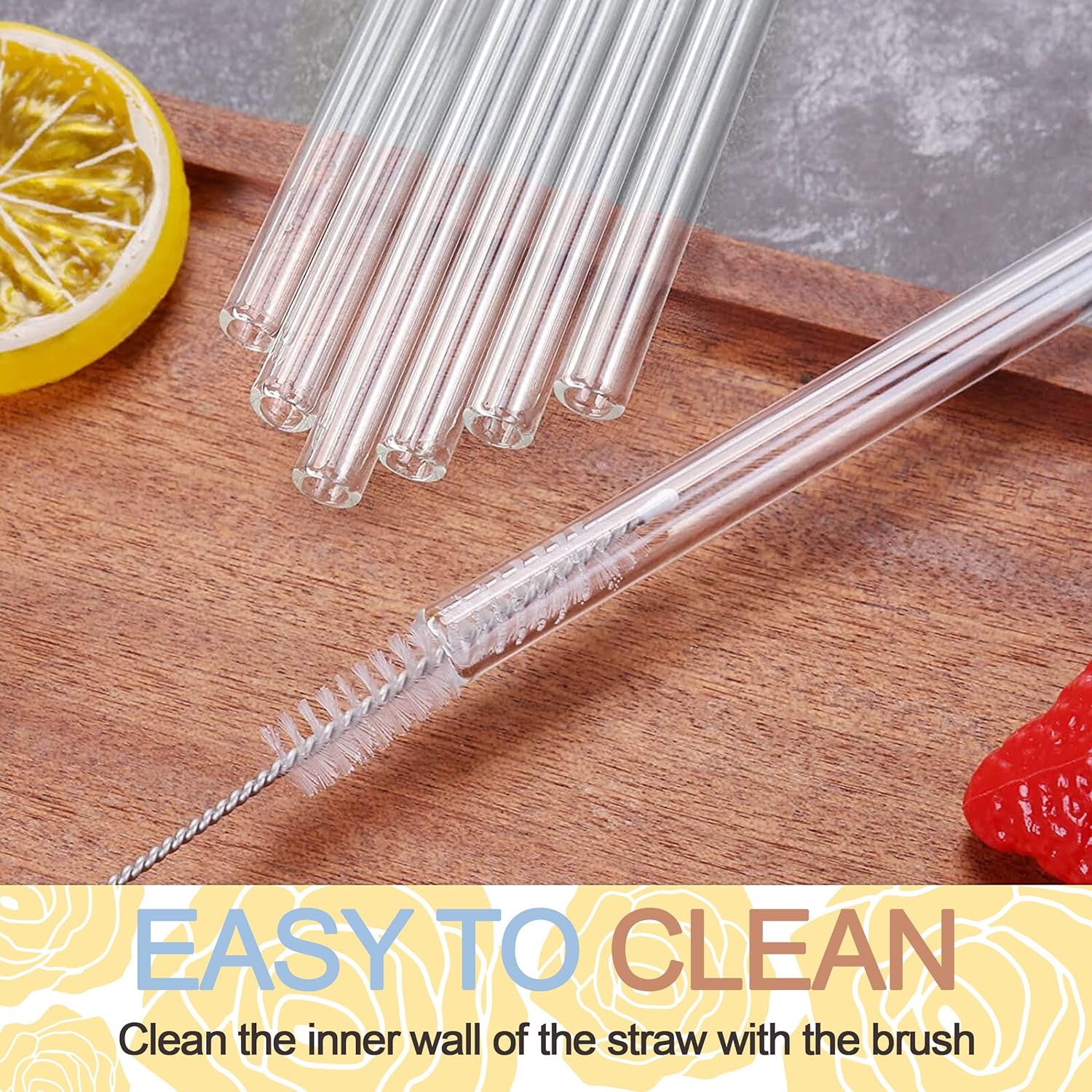 Set of 6 - Reusable Glass Straws With Cleaning Brush, Glass Drinking Straws - Clear Glass Straws Reusable