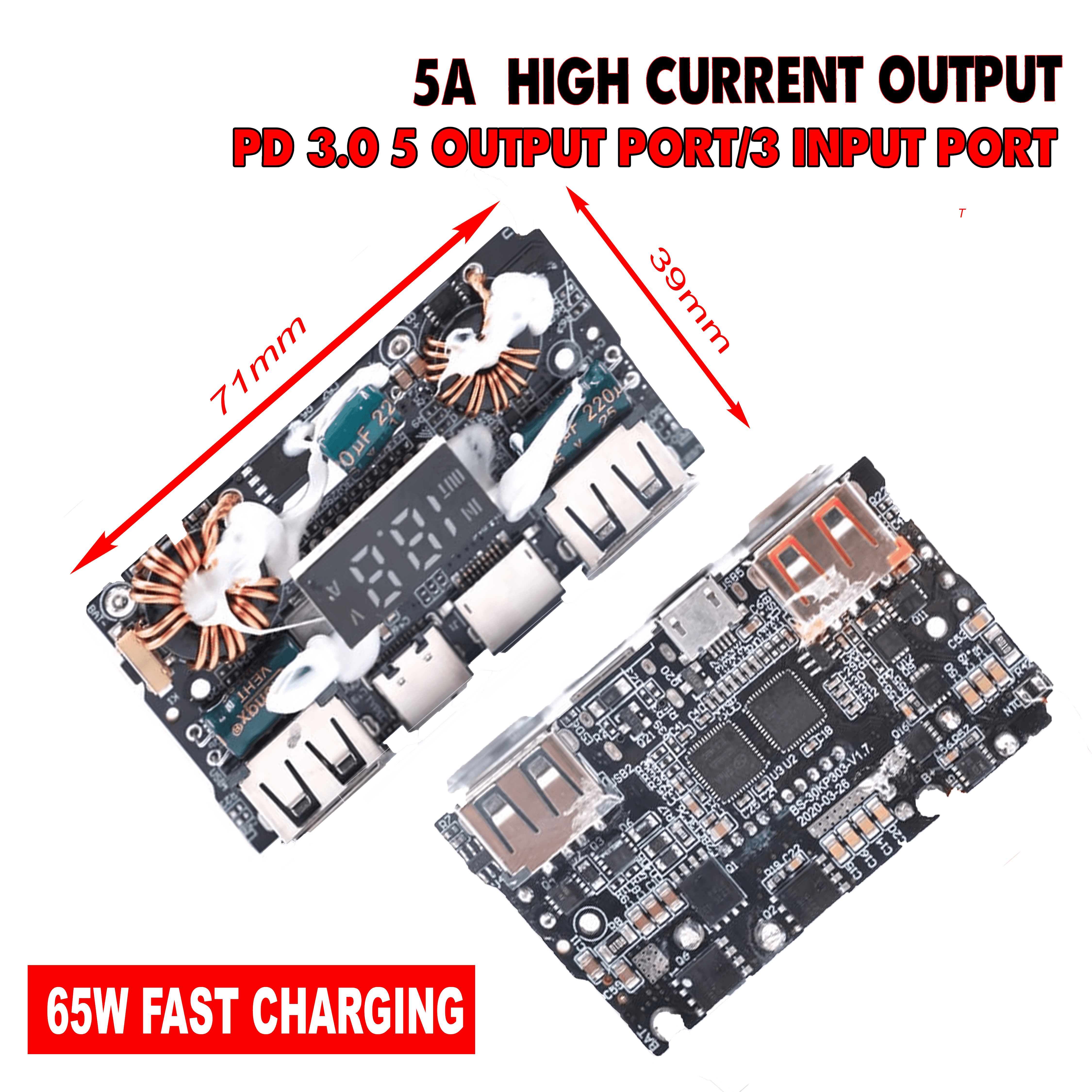65W Fast Charging Power Bank Circuit Board with Dual USB 5V/2.5V/9V/2V Ports, PD 3.0, 5 Output Ports, 3 Input Ports - Compatible with Mobile Devices
