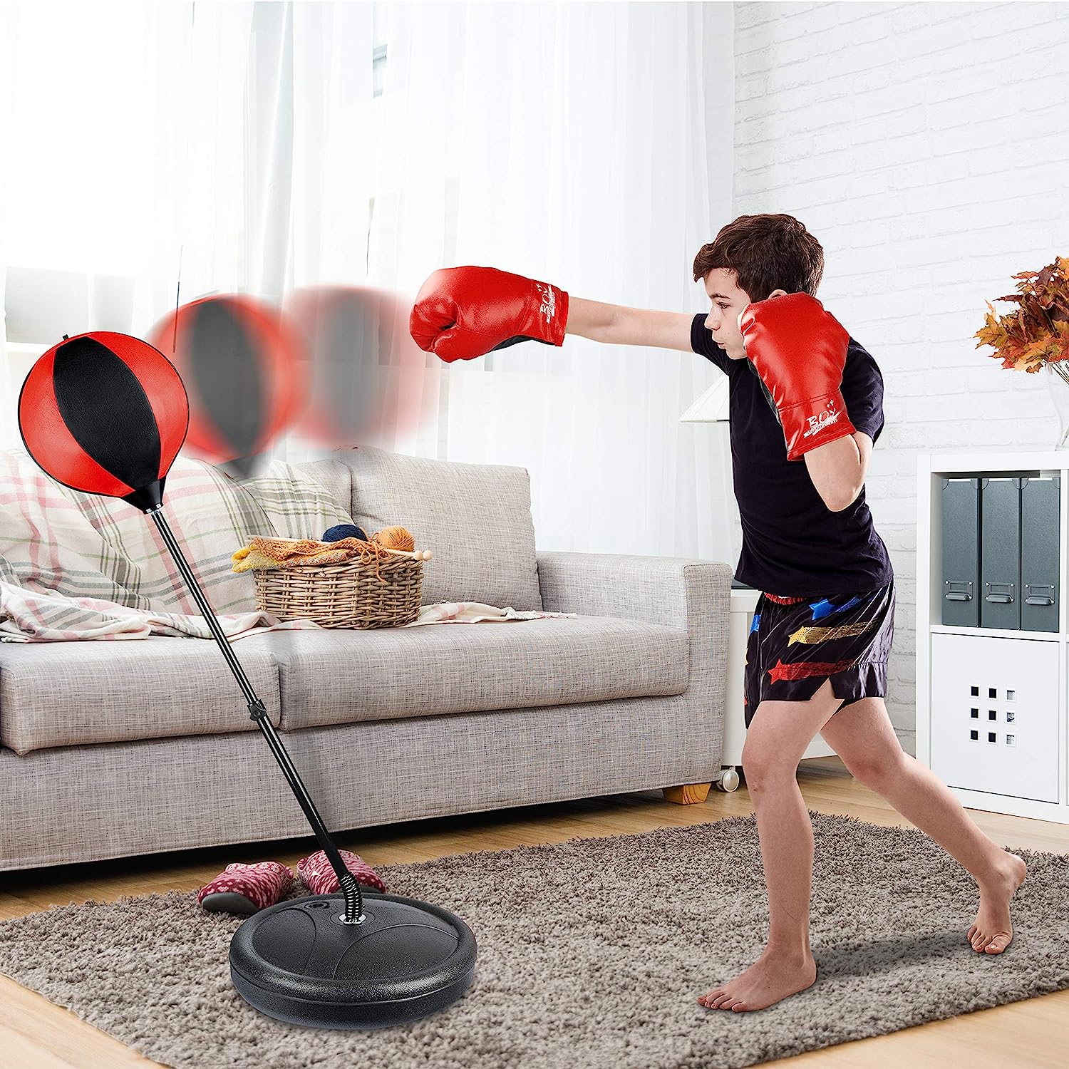 Punching Bag Set for Kids Incl Punching Ball with Stand, Boxing Training  Gloves, Hand Pump and Adjustable Height Stand, Boxing Ball Set Toy Gifts  for