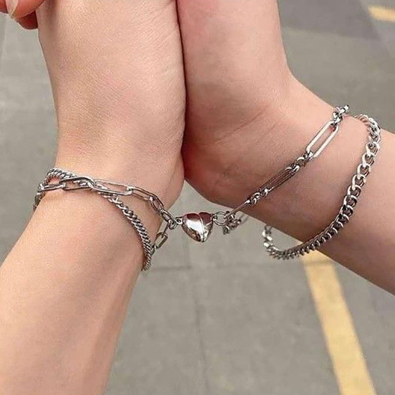 2 pcs High Quality Fashion Broken Heart Love Attracting Stainless Steel Silver Couple Bracelets Best for Gifting your Partner