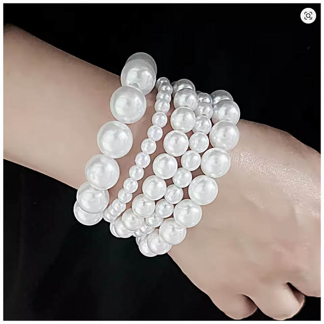 GGQINISI Imtiation Pearls Strands Beaded Bracelet Set 5 Pieces 6-12MM, Handmade Bohemia Elastic Bangle Jewelry for Women Girls