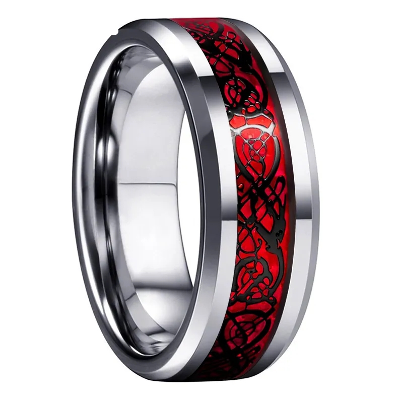 Stainless steel Ring Silver Red Blak Blue & Gold Color CZ Brushed Dragon Mens Engagement Wedding Bands