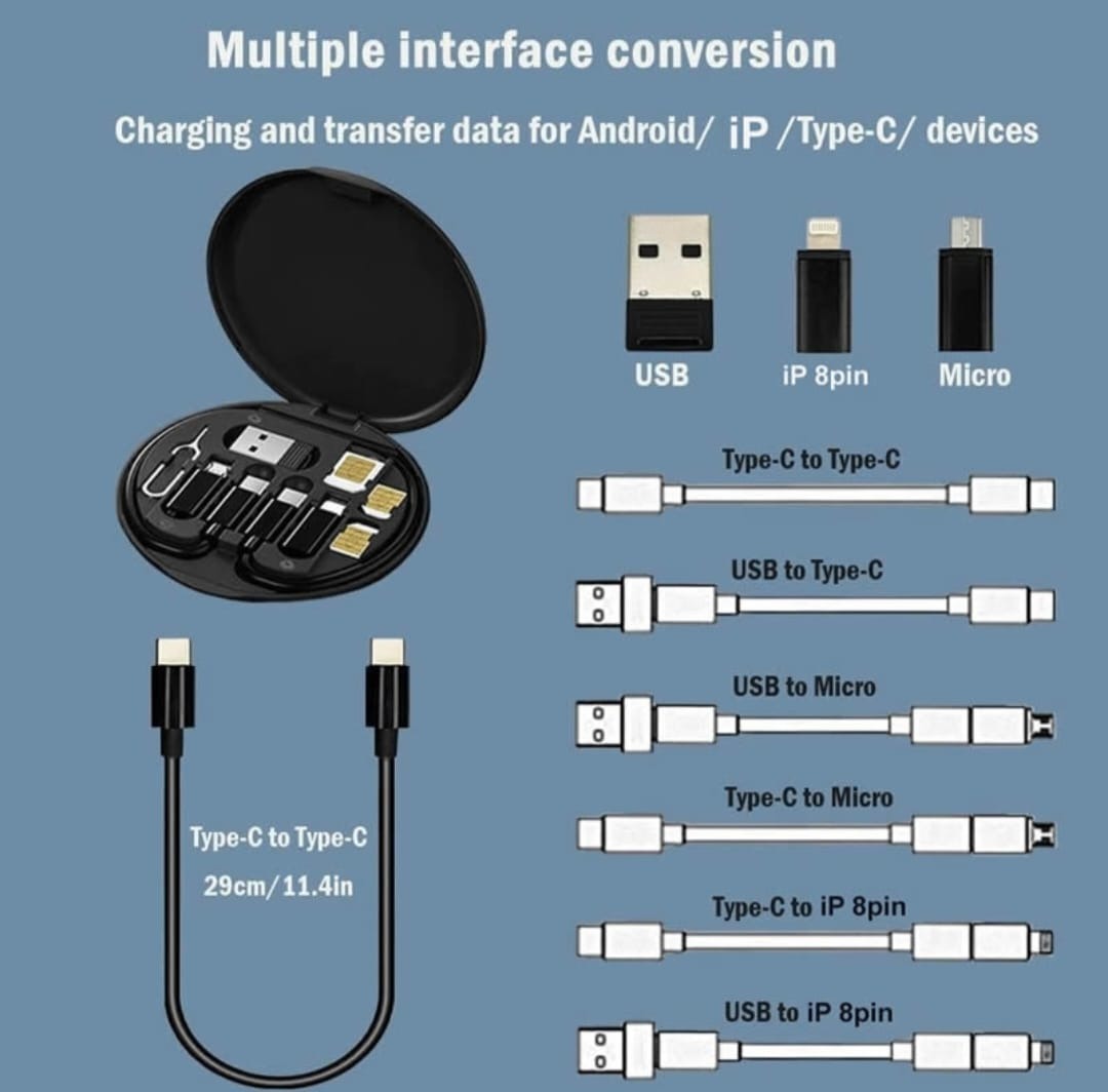 Mini Multi-Functional Fast Charging Data Cable Set for Android, Type C with Storage Box, Compact and Portable Travel Set