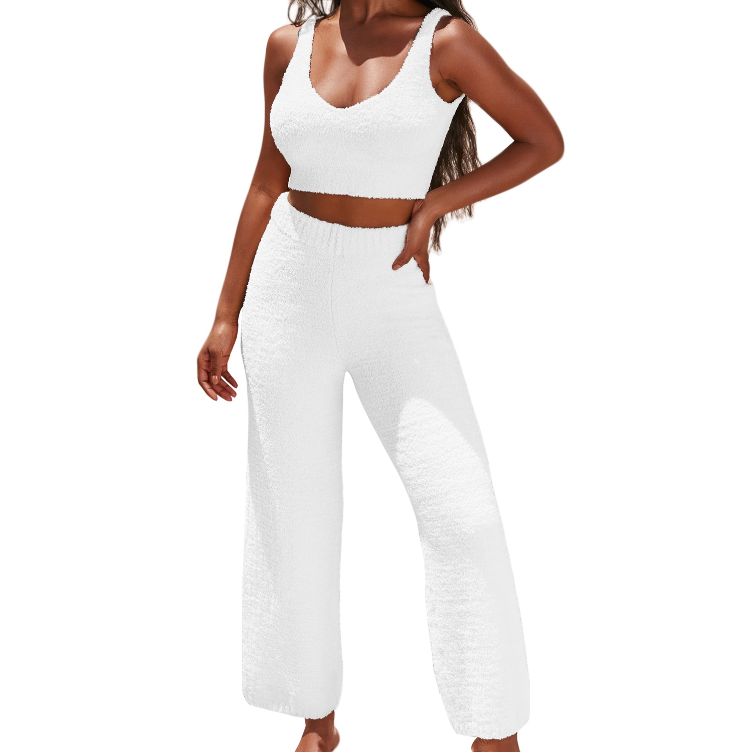 Women Knitted Plush Two Piece Set V 
