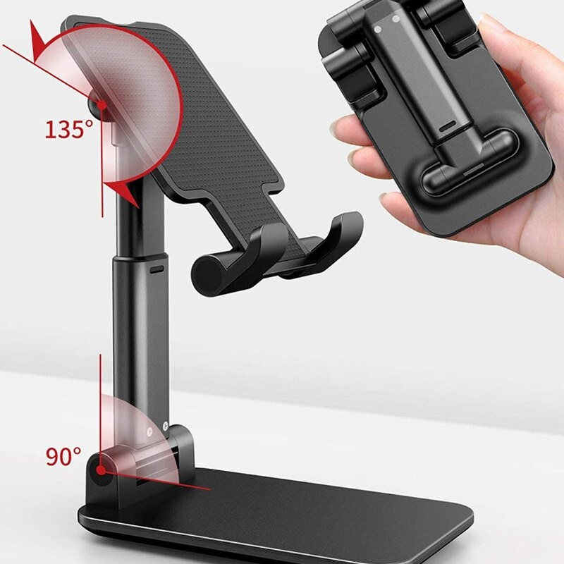 Universal Foldable Desk top Mobile Phone Stand Bracket Holder, Mobile Phone Stand Mount Adjustable Flexible Desktop Smart Phone Tablet Holder Pocket Size Product Easy to Carry for Study and Office Use Compatible with all size Mobiles (Black - White Color)