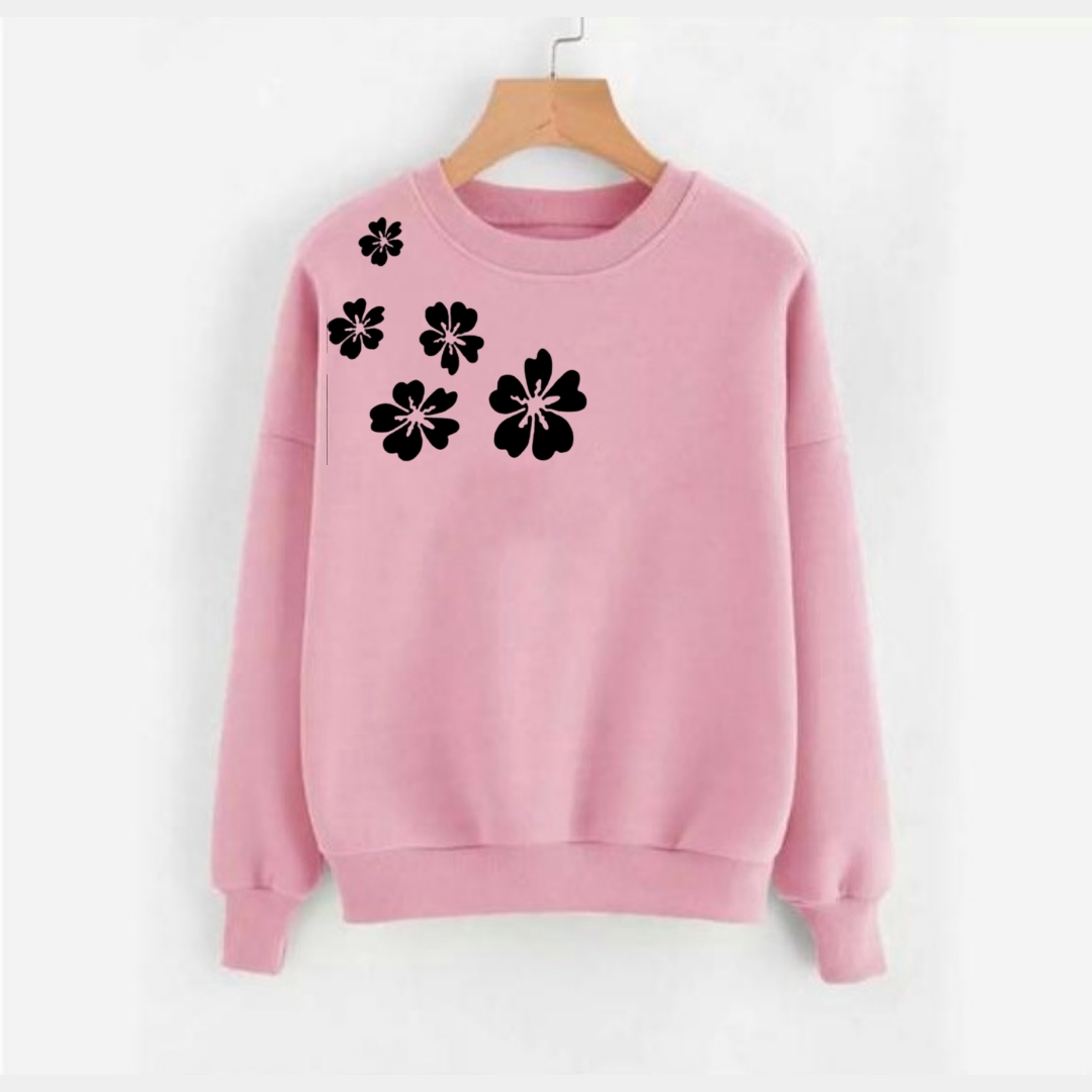 Pink Side Flower Printed Sweatshirt For Women - Hoodies For Girls