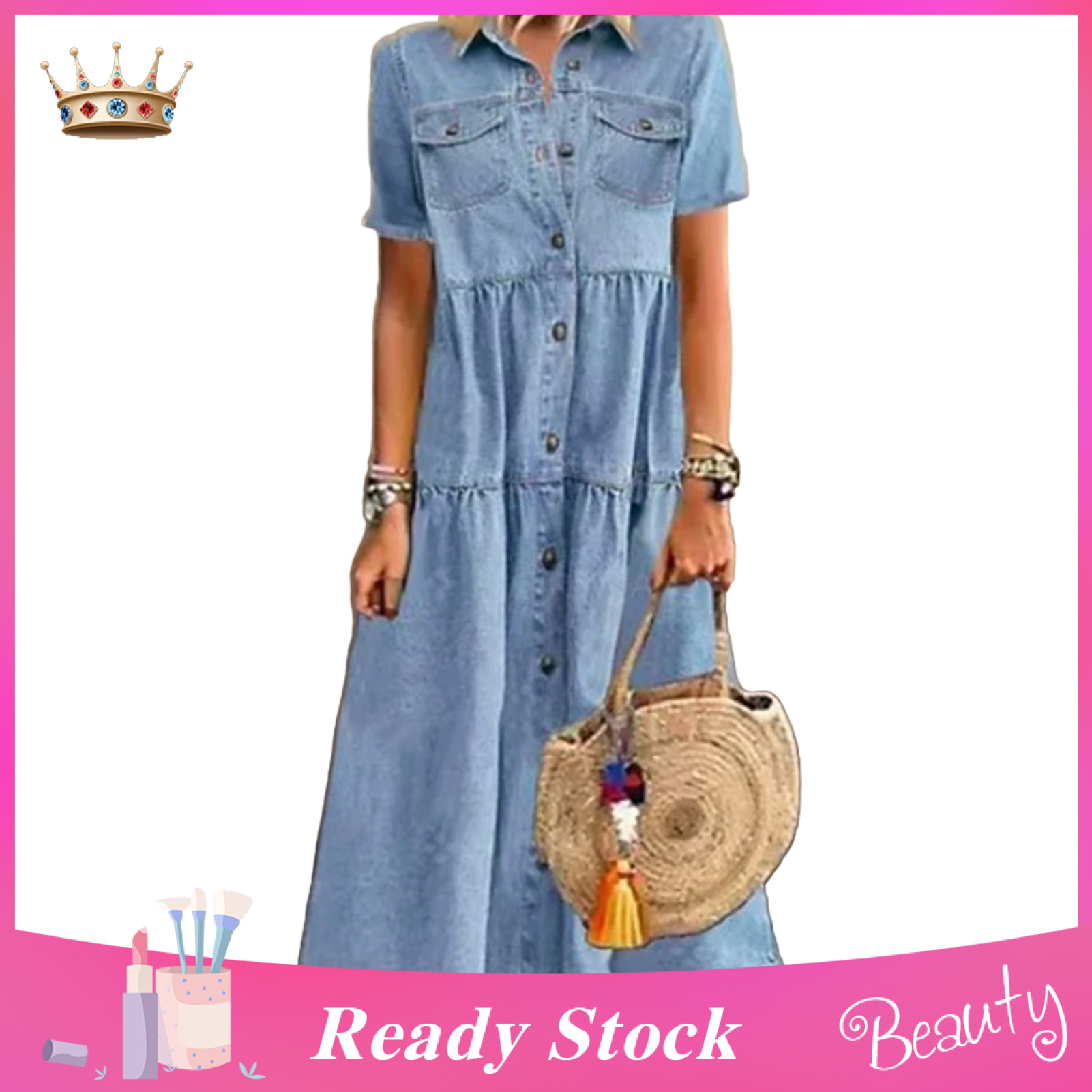 Jean Dress Turndown Collar Pure Color A 