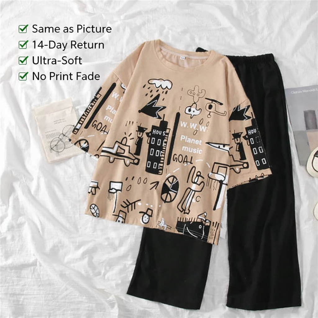 Women’s Printed Nightwear Pajama Set – Ultra-Soft Cotton Jersey, Same as Picture, Comfortable Sleep & Lounge Wear