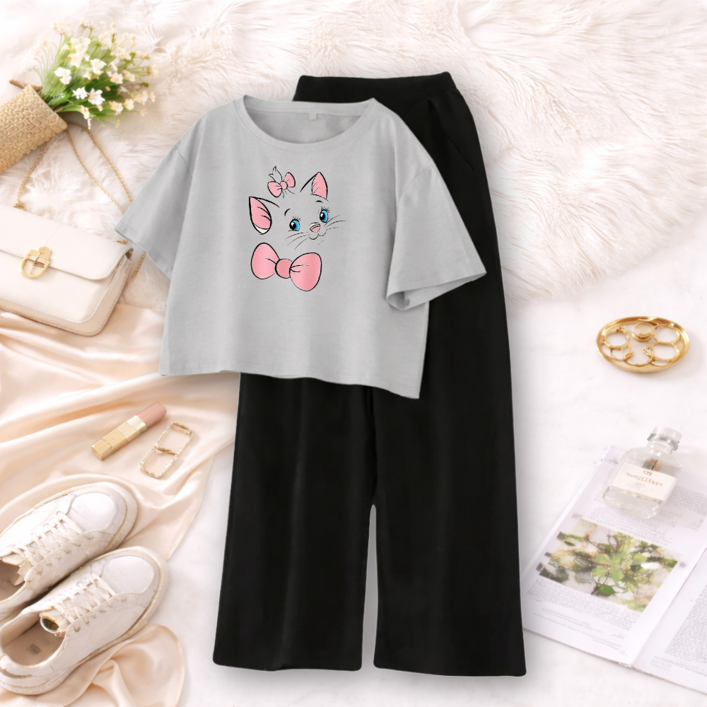 MK Garments - Cute Cat Bow Printed  Premium Quality Casual Suits for Girls and Women Crop T Shirt With Plaazo