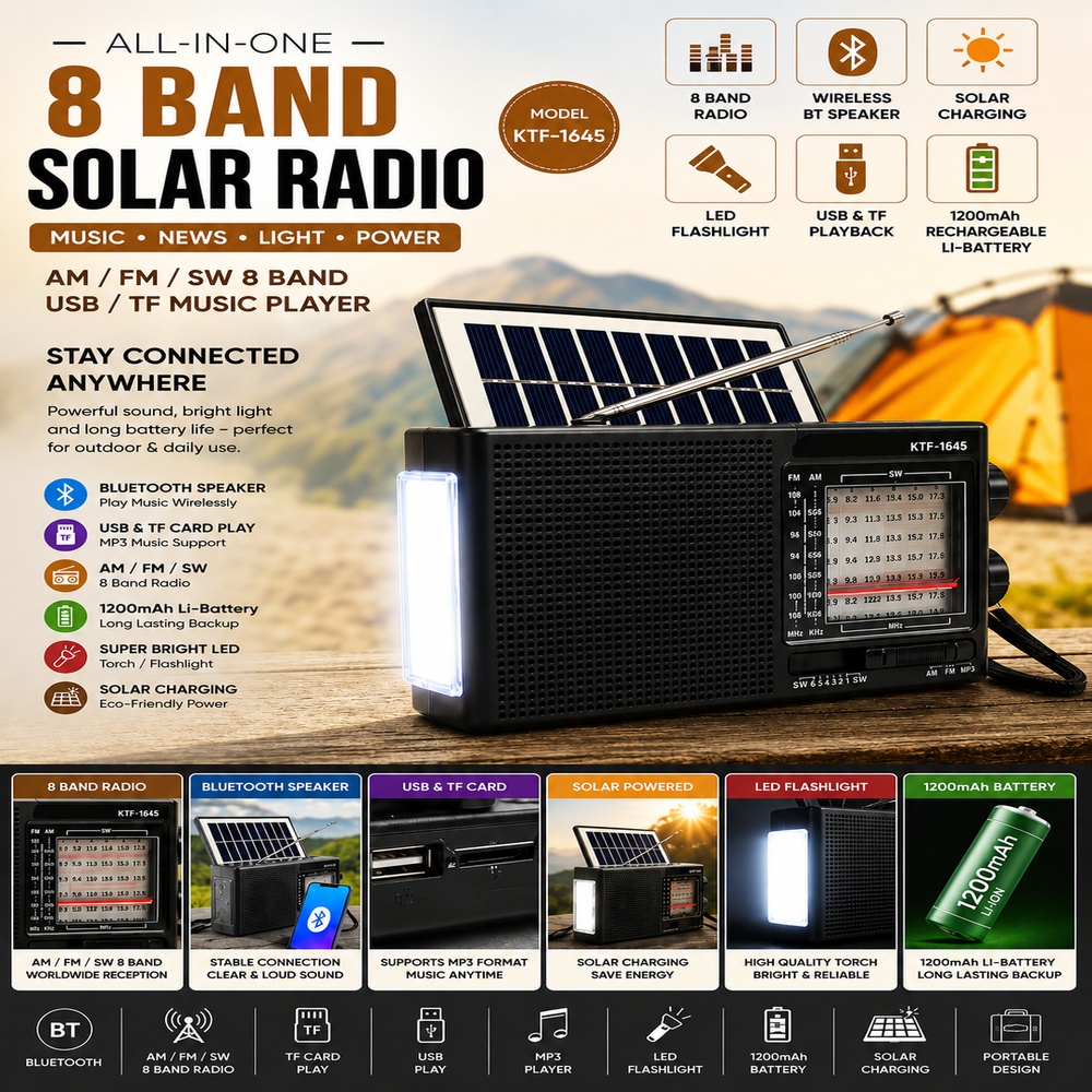 KTF-1645 Portable Wireless Radio Receiver | High Quality Solar Panel Multiband AM FM Radio USB TF Card Slot | Wireless BT Speaker Function with Built-in LED Torch Light | Rechargeable Outdoor Survival Music Box for Home Theater Sport Park Travel Accessory