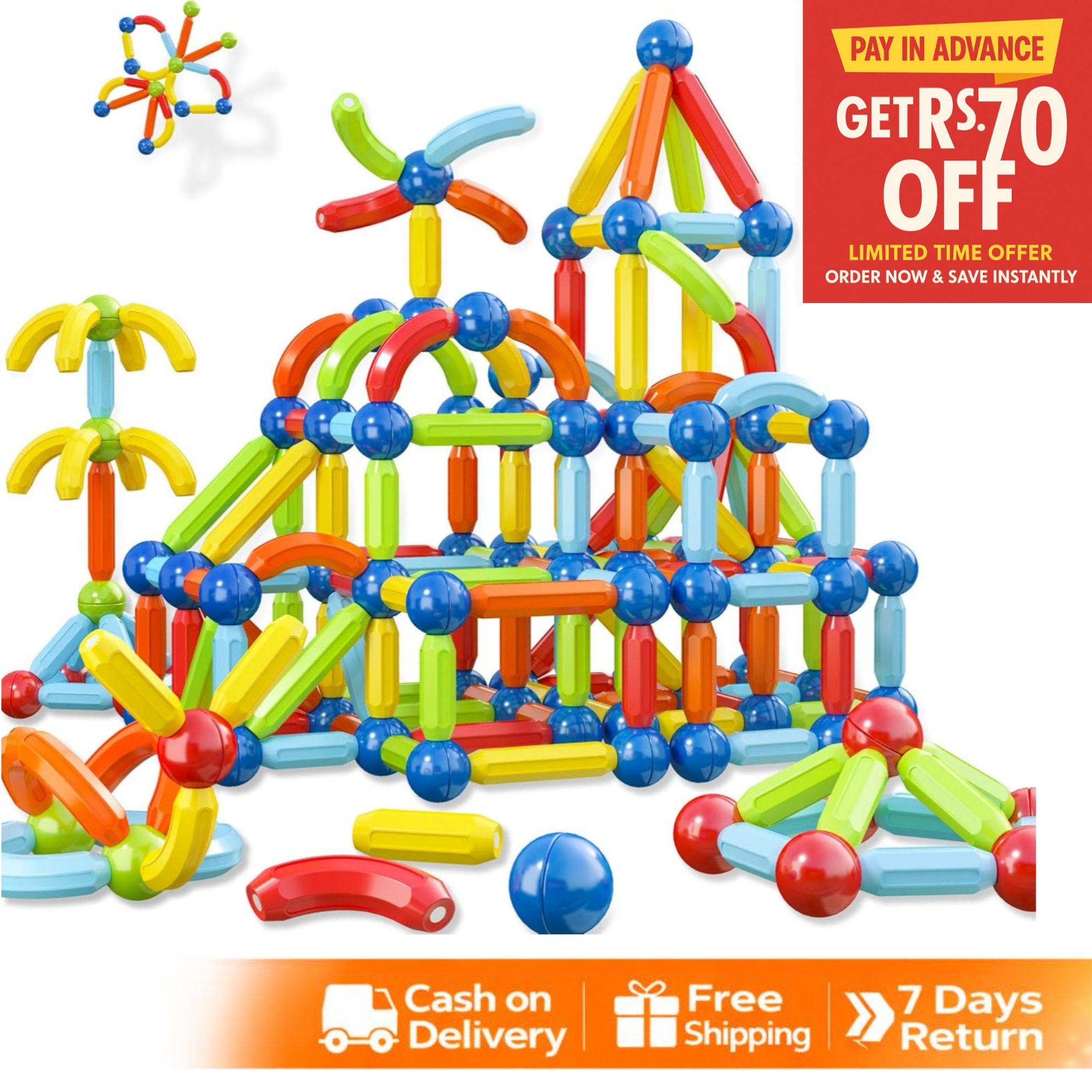64 Pieces Magnetic Toys Building Blocks Set for Kids - Magnet Balls and Rods STEM Sticks Toy - Toddler Educational Learning Construction Game - Stacking Puzzle Building Toys for Boys Girls Age 3+ Magnetic Blocks
