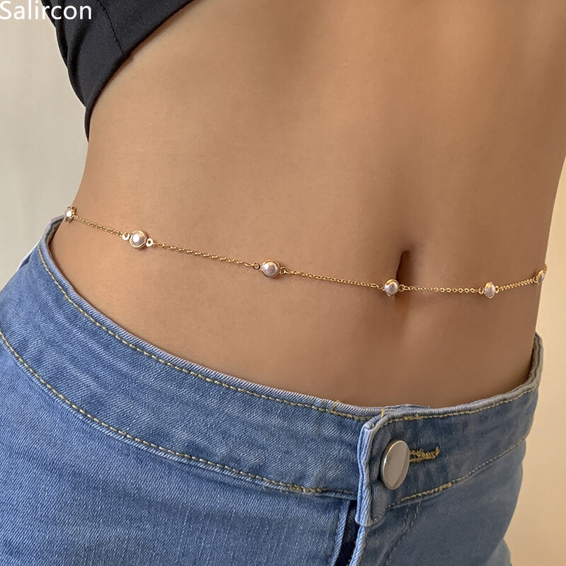 Trendy Pearl Waist Chain- Adjustable Dainty Belly Chain with Moon Charm Pearl Belly Chain Body Jewelry for Women -Adjustable Waist Chain Belt with Moon Pendant | Ideal for Beach, Party & Daily Fashion"