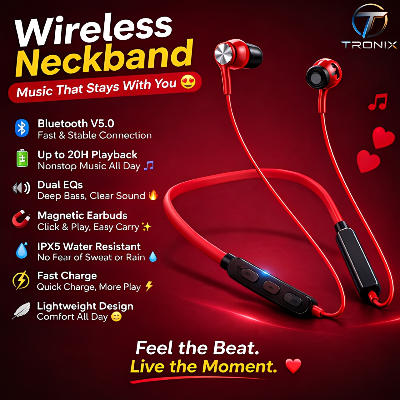 RNB Wireless Neckband Bluetooth Earphones | Magnetic Earbuds | HD Stereo Sound | Long Battery Life | Built-in Mic | Compatible with All Bluetooth Devices.