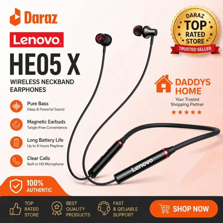 100% Orignal Lenovo HE05 Wireless Neckband Bluetooth 5.4 Headphone Wireless Headset With Heavy Bass Stereo Earphones High Quality Magnetic Attraction Intelligent Noise Reduction Cancelling Sports Headset