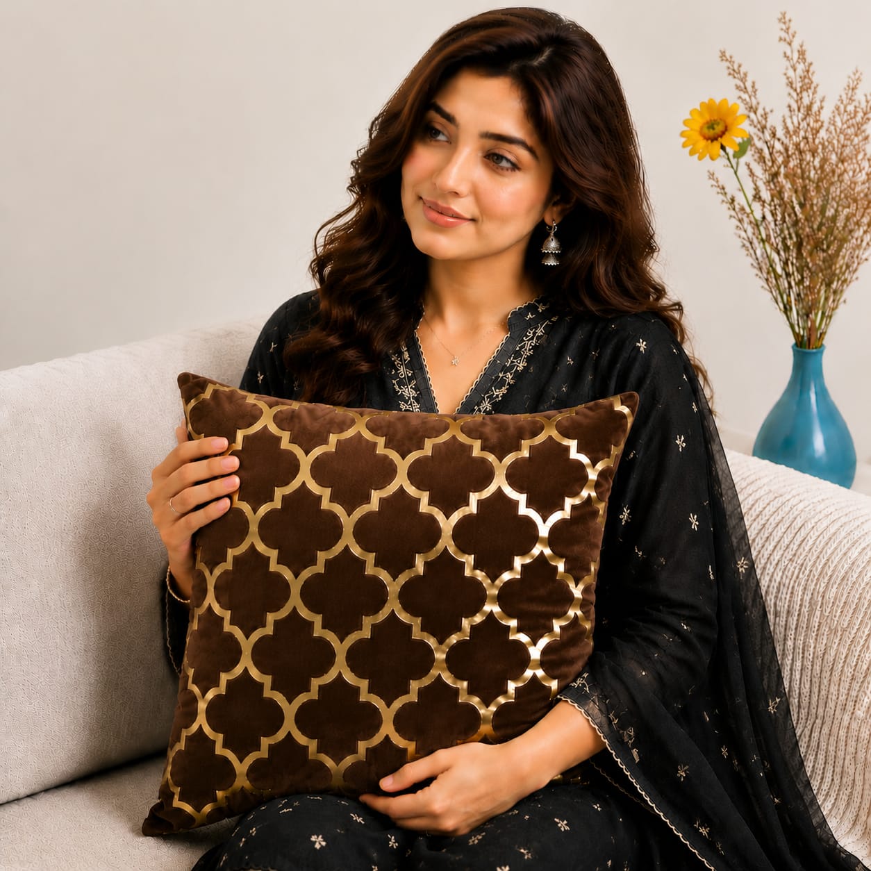 Elegant Geometric Pattern Velvet Cushion Cover 16x16 Inch Home Decor