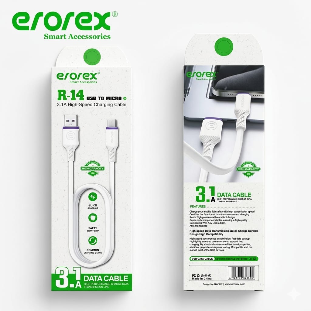 erorex R-14 Micro USB Data Cable - 3.1A Fast Charging - High-Speed Data Sync - White