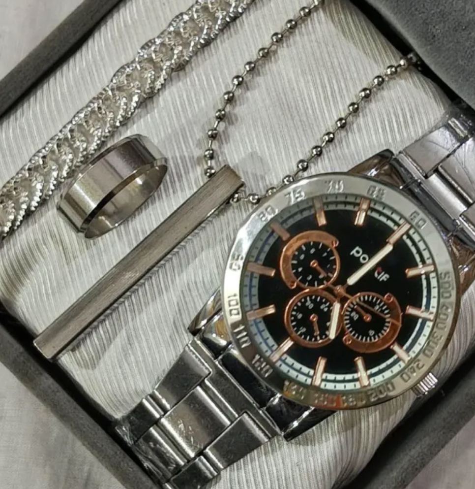 Premium Men’s Luxury steel straps round dial watches hand watch-silver watch- men watches-watch for boys-watch for men-watch for kids-watch for young's-watch for boys + Bracelet + With Chain+Ring -High Quality stylish-branded-watch Best  for Gift