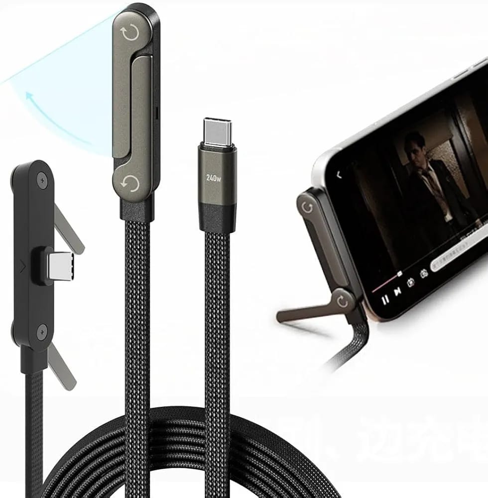 240W USB-C Fast Charging Cable with Adjustable Folding Stand | E-Marker PD Charging Cable | 480Mbps Data Cable | Gaming Elbow Design | Type-C to Type-C