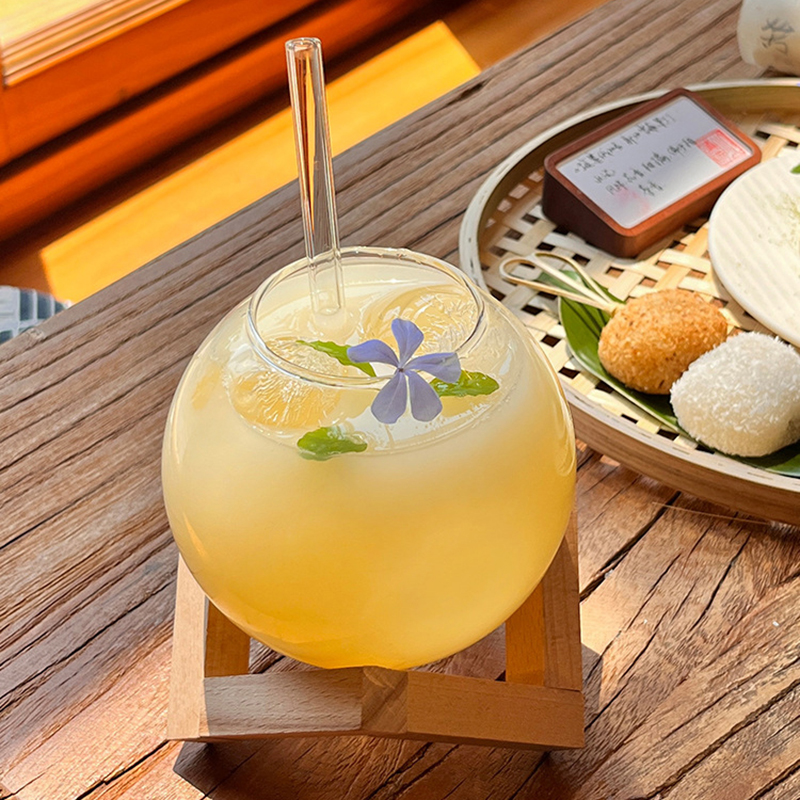 Cocktail Glass Cup With Wood Stand Creative Bar Glassware Drink Ronud Ball Mug Fruit Moon Juice Tumbler