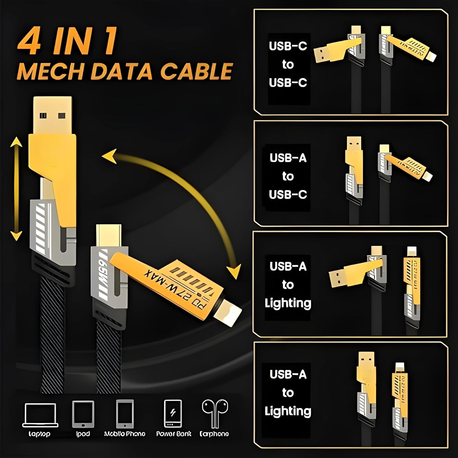 4 in 1 USB C Fast Charging Cable with 60W PD, Data Transfer, Type C, Micro USB and IOS Light-ning Compatibility, 1 Meter