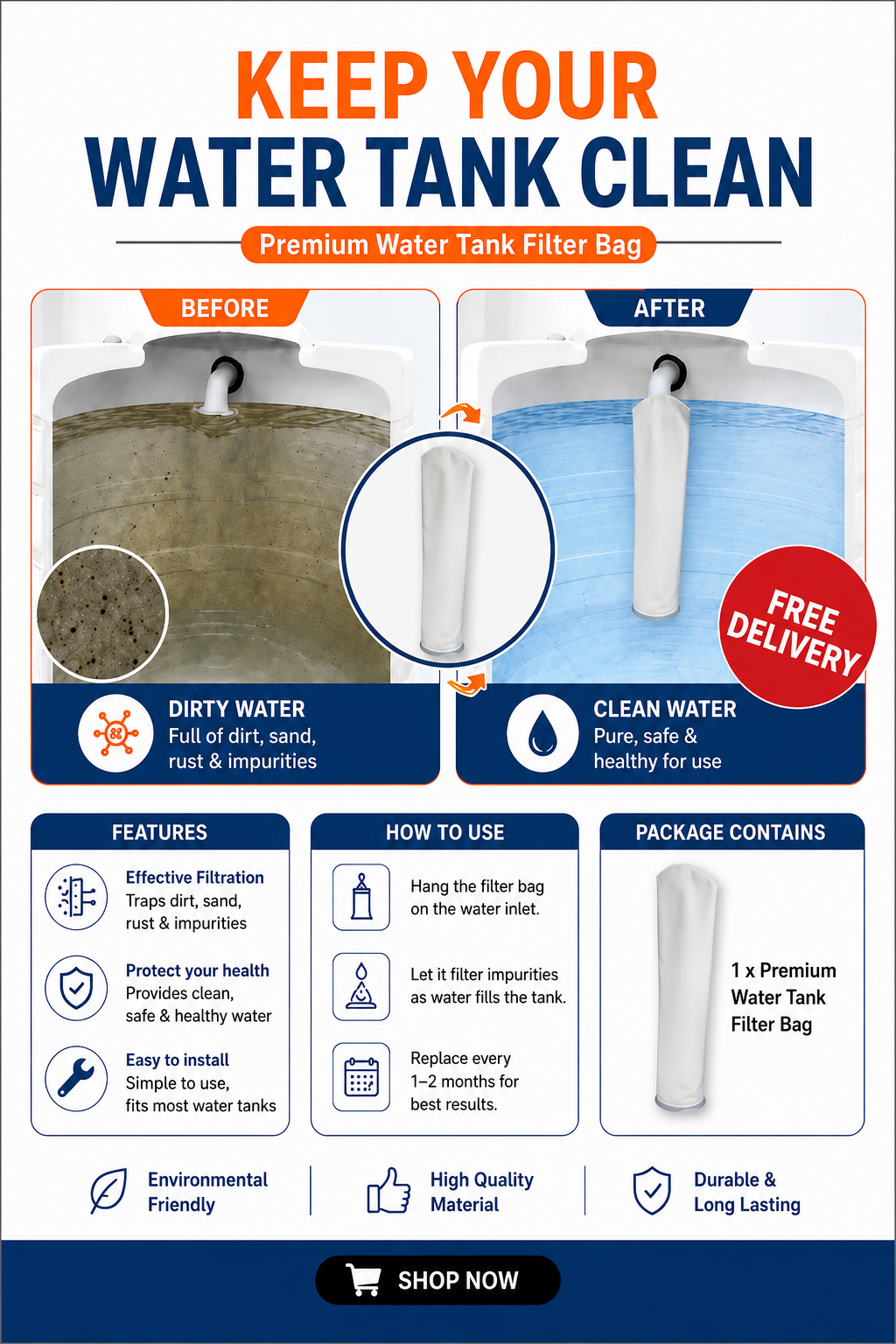 Premium Water Tank Filter Bag | Reusable Water Tank Inlet Filter | Sediment Filter for Sand, Rust, Dirt & Leaves | Universal Water Tank Filter for Overhead Tanks