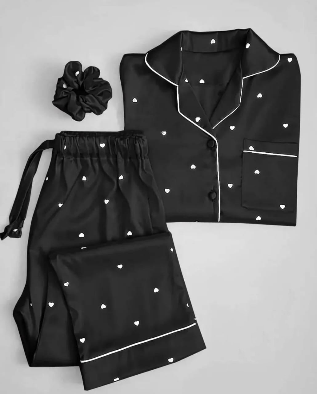 Hearts Printed Ladies Silk Night Suit For Women (Sleep Wear) 2-Piece Shirt & Trouser Night Dress For Girls