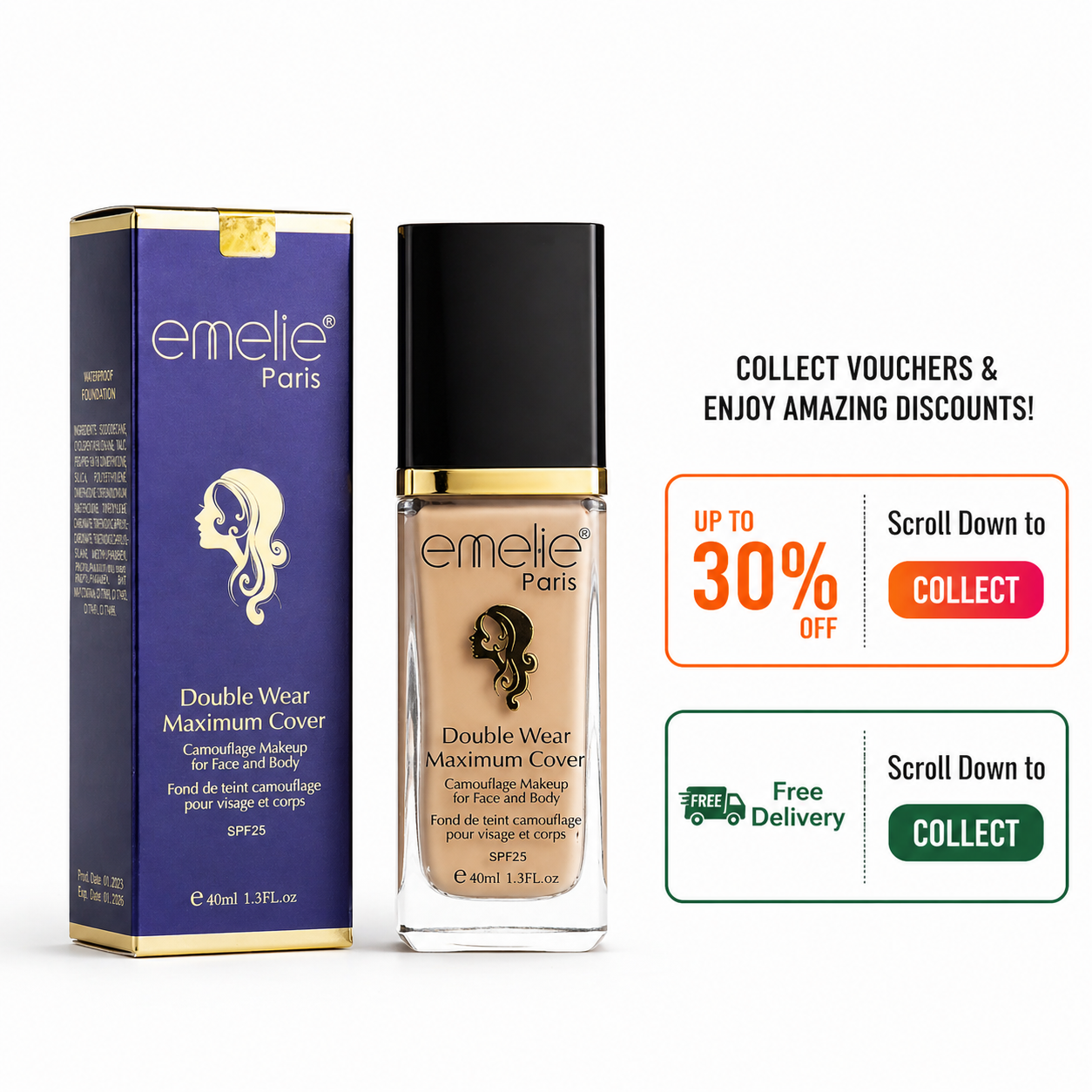 Emelie Double Wear Maximum Cover Foundation – Full Coverage Long Lasting Makeup Base – Oil Control Matte Finish Liquid Foundation for Smooth Flawless Skin