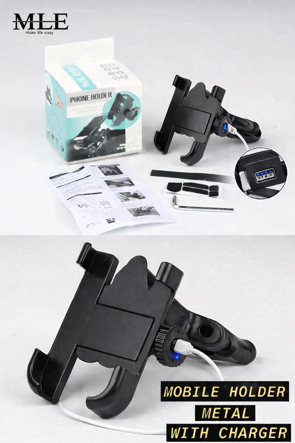 Metal Bike Mobile Holder with USB Charger | Heavy Duty Motorcycle Phone Holder | Universal Handle Bar Mount All Phones Mobile Holder Adjustable Mobile Holder Riding Mobile Holder Long Ride Mobile Holder
