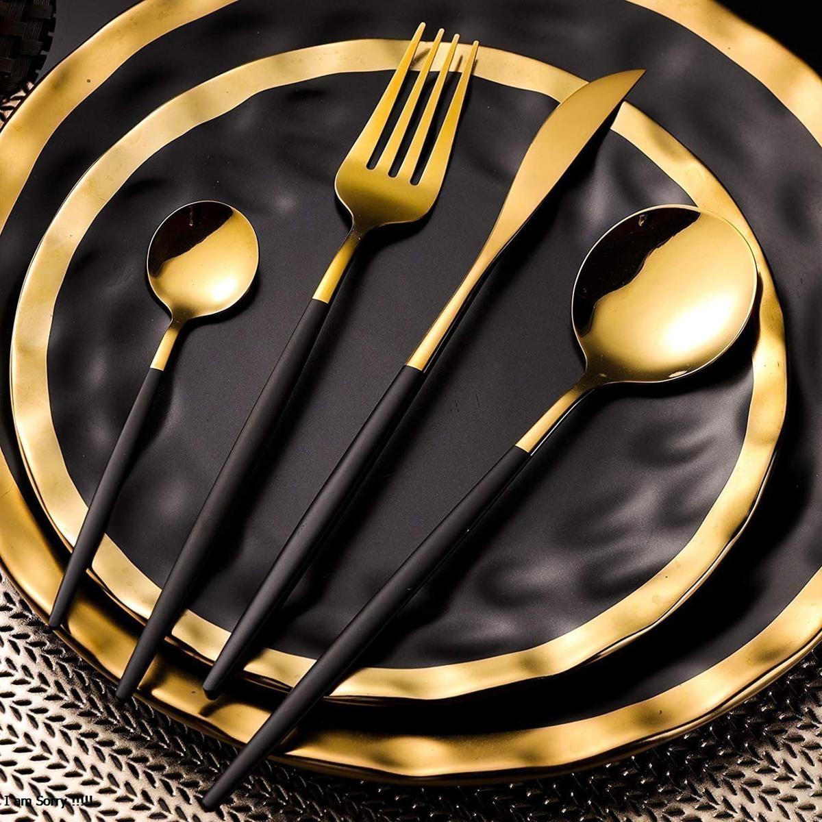 24pcs Gold Black Gold Dinnerware Set Western 304 Stainless Steel