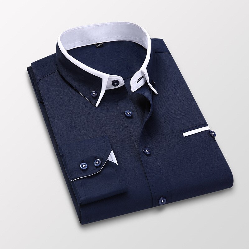 Men Slim Fit Shirts Blue White Long 
