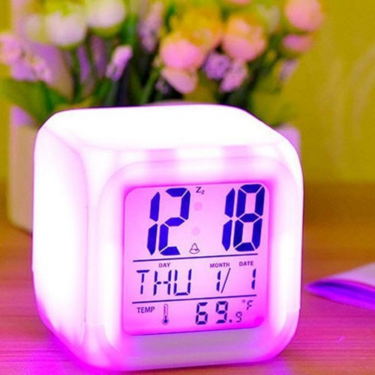 Digital Table Alarm Clock 7 Lights Color Changing Big Size All In One Alarm Time Temperature & Calendar Digital Display Battery Operated Glowing LED Table Alarm Clock