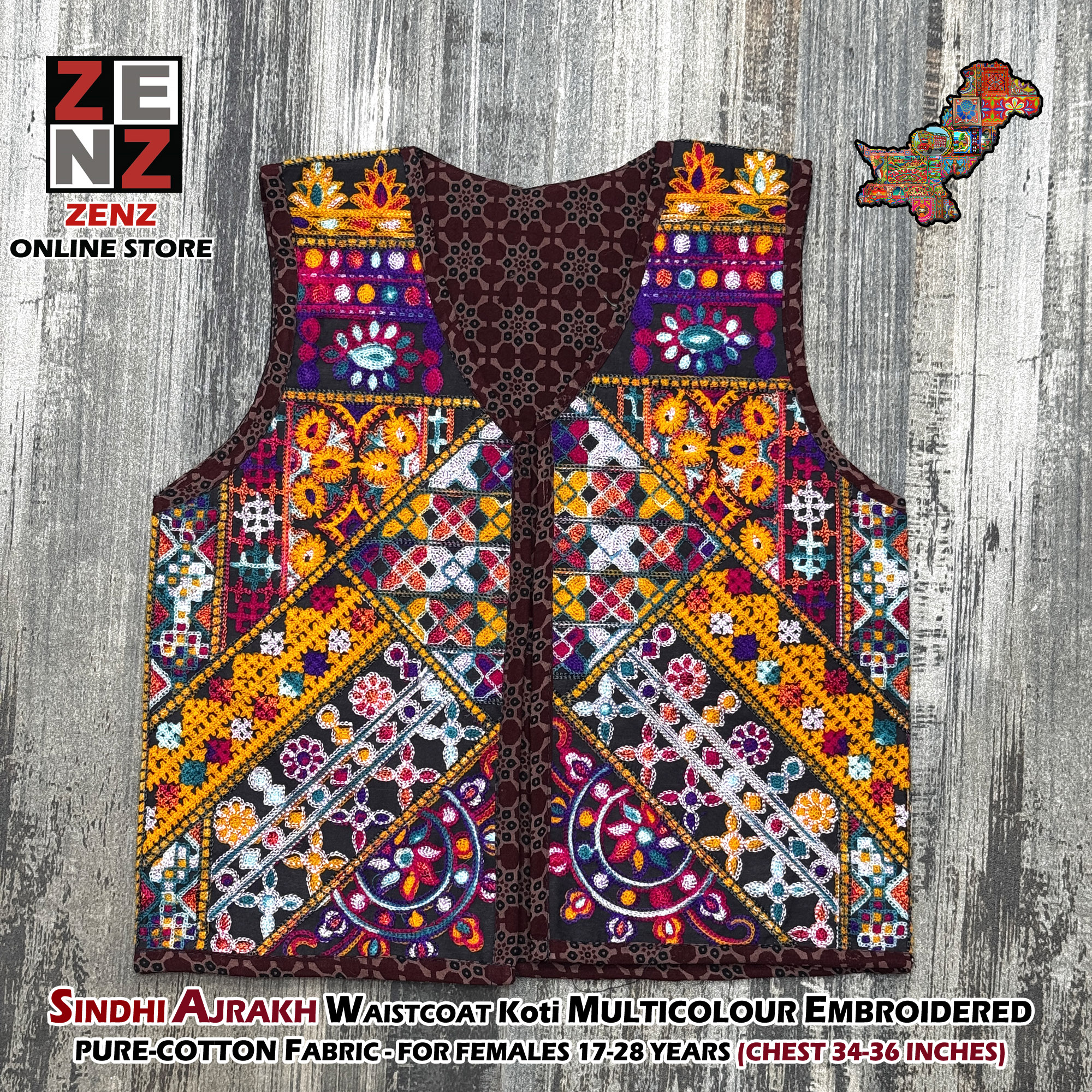 Sindhi Ajrak Traditional & Cultural Party Wear Embroidered Cotton Gilet Waistcoat Koti for Females Girls Women by ZENZ