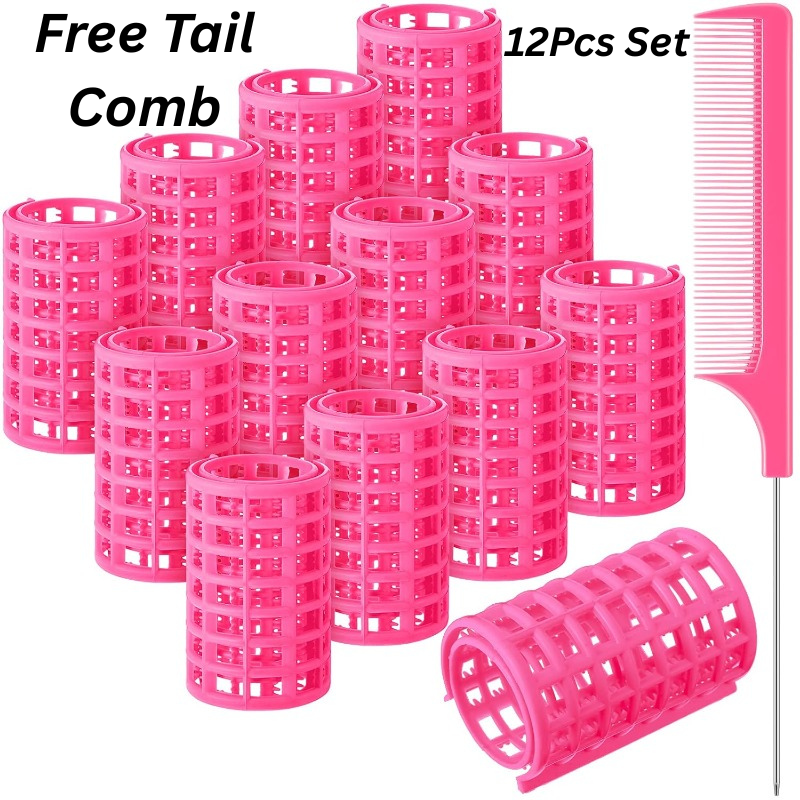 12pcs Plastic Hair Rollers for Women with Rat Tail Comb - Snap Clip Curlers Suitable for Long, Medium, Short Hair & Bangs - No, DIY Salon Styling, Vented for Fast Setting
