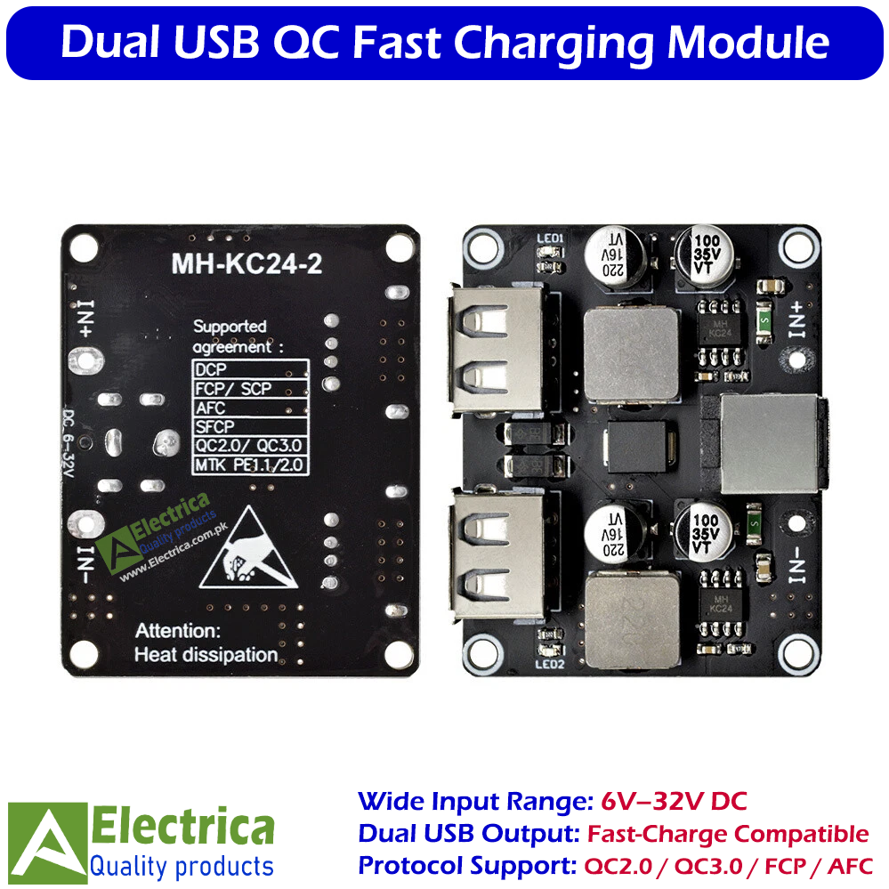 6–32V to Dual USB QC2.0 / QC3.0 24W Fast Charging Module, High-Efficiency DC-DC Step-Down Converter for Car, Solar, and DIY Power Solutions by Electrica