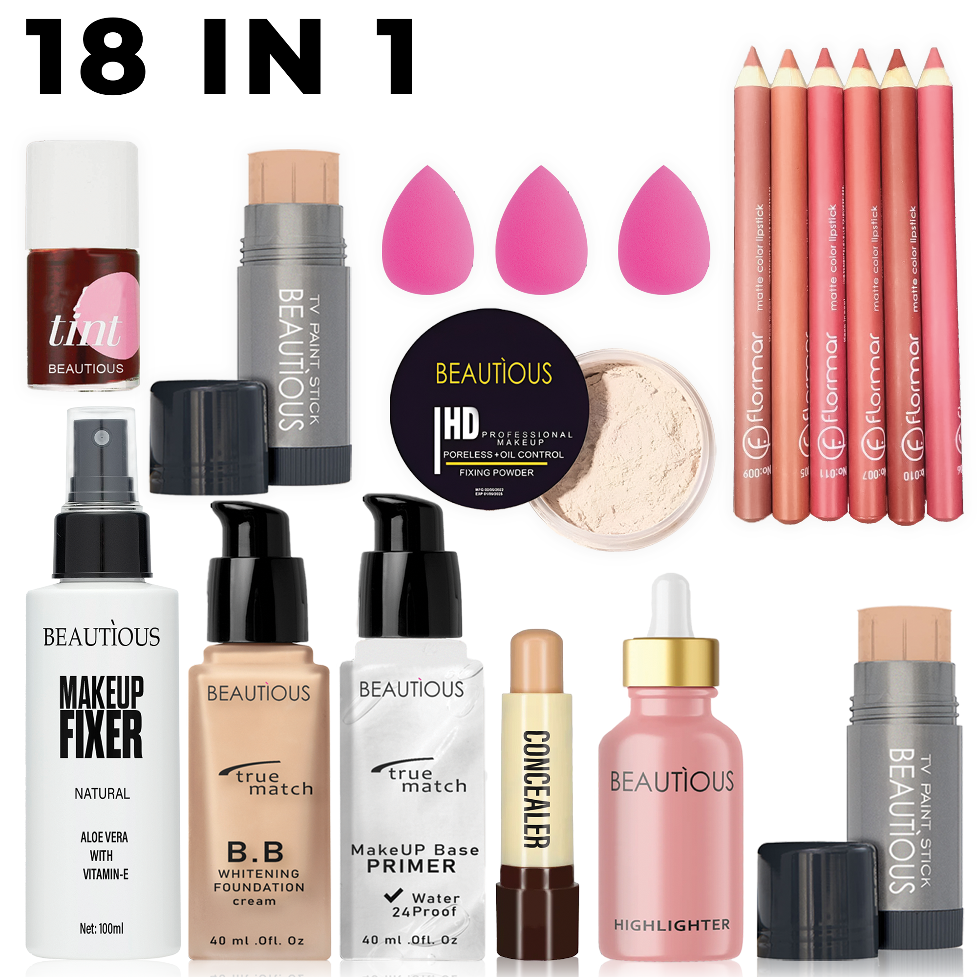 Beautious 18Pcs Bridal Makeup Deal - Fixer + Concealer + Lip Tint + Foundation + Primer + Highlighter + x2 Foundation Stick + Face Powder + x6 Lip Pencil + x3 Sponge Puff