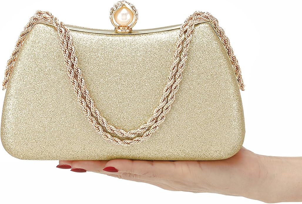 Glitter Evening Clutch Bag for Women – Fancy Bridal Purse with Pearl Clasp & Detachable Chain  Elegant Wedding & Party Handbag for Girls  Luxury Metal Frame Clutch
